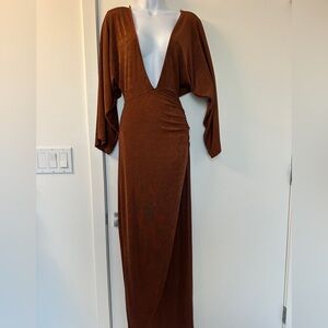 JLUXLABEL Elegant Deep V-Neck Long Sleeve Dress in Rich Brown